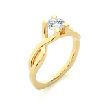 Load image into Gallery viewer, Angled view of 0.50 Ct Moissanite Twisted Solitaire Engagement Ring In Yellow Gold, showcasing the band and setting.