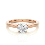 Load image into Gallery viewer, Front view of 0.75 Carat Round Moissanite Solitaire Engagement Ring in Rose Gold, highlighting the brilliant center moissanite stone.