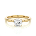 Load image into Gallery viewer, Front view of 0.75 Carat Round Moissanite Solitaire Engagement Ring in Yellow Gold, highlighting the brilliant center moissanite stone.