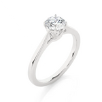 Load image into Gallery viewer, Angled view of 0.75 Carat Round Moissanite Solitaire Engagement Ring in White Gold, showcasing the band and setting.