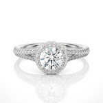 Load image into Gallery viewer, Front view of 1.50 Carat Round Moissanite Split Shank Halo Engagement Ring in White Gold, highlighting the brilliant center moissanite stone.