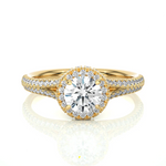 Load image into Gallery viewer, Front view of 1.50 Carat Round Moissanite Split Shank Halo Engagement Ring In Yellow Gold, highlighting the brilliant center moissanite stone.