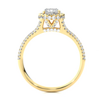 Load image into Gallery viewer, Side profile of 1.50 Carat Round Moissanite Split Shank Halo Engagement Ring In Yellow Gold, highlighting the prong setting.