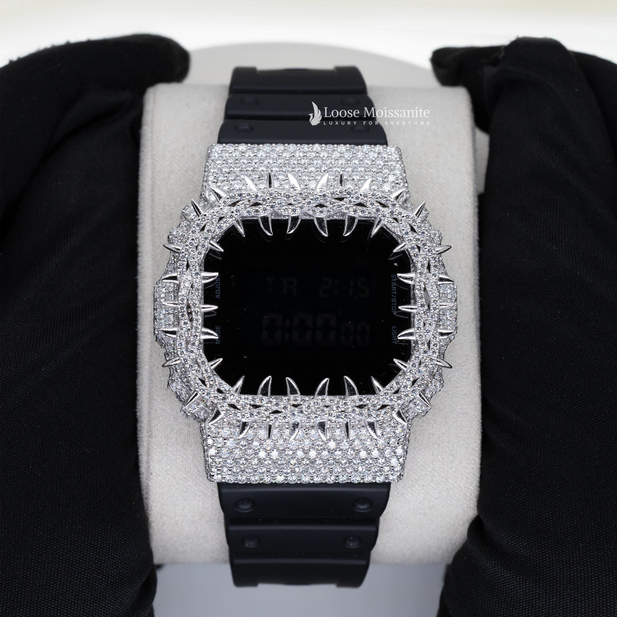 Front view of iced out moissanite black dial dw 5600 watch