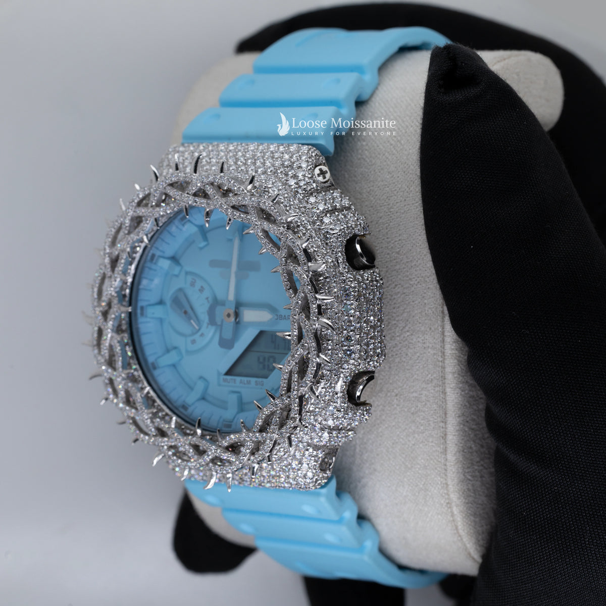 Side view of iced out moissanite men's watches with thorn crown design