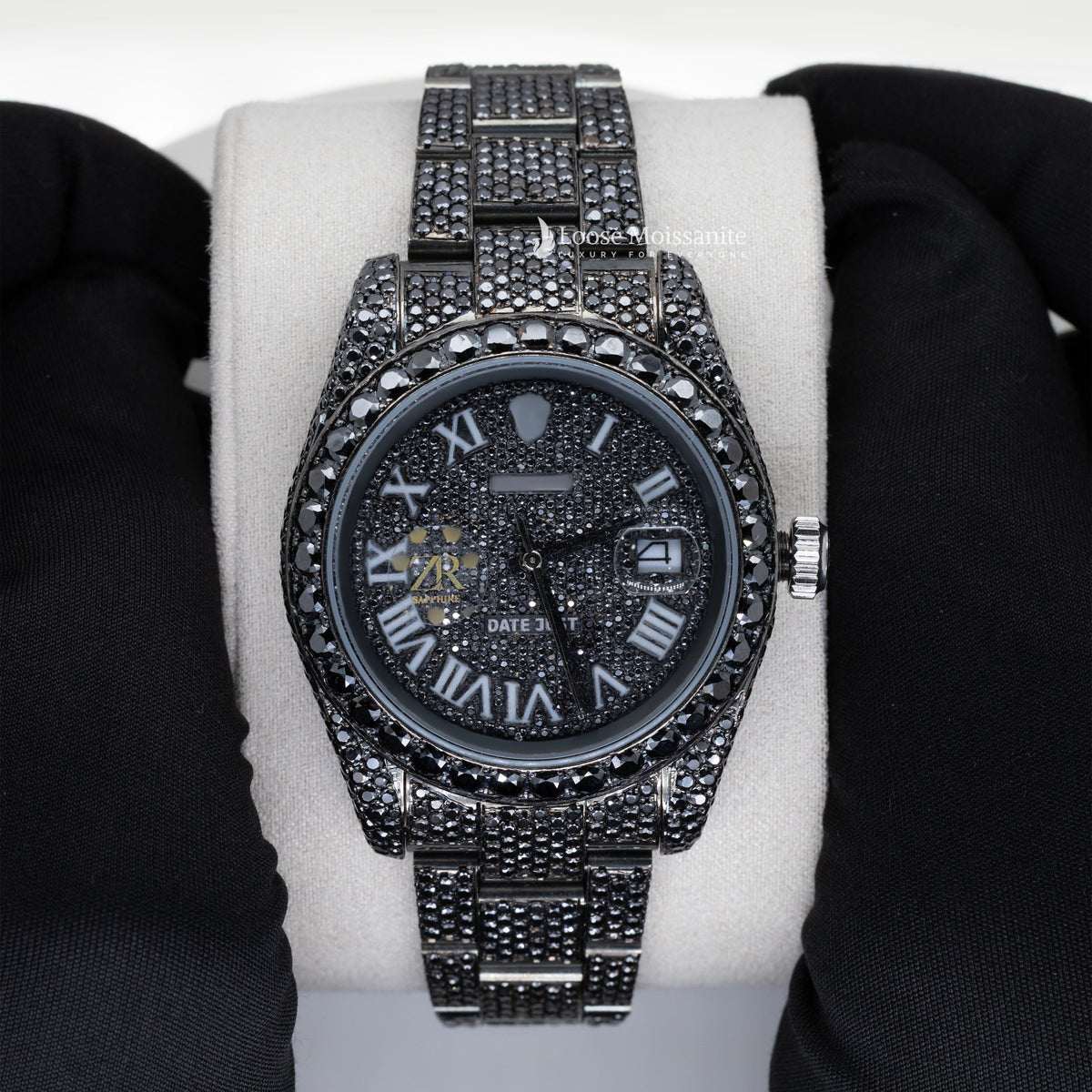 Front view of black diamond watch