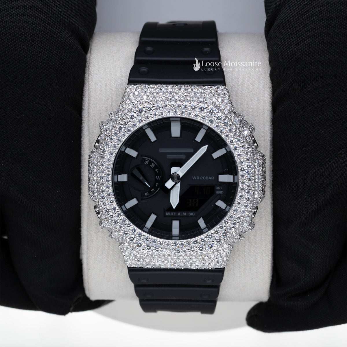 Front view of iced out moissanite bezel mens luxury watches