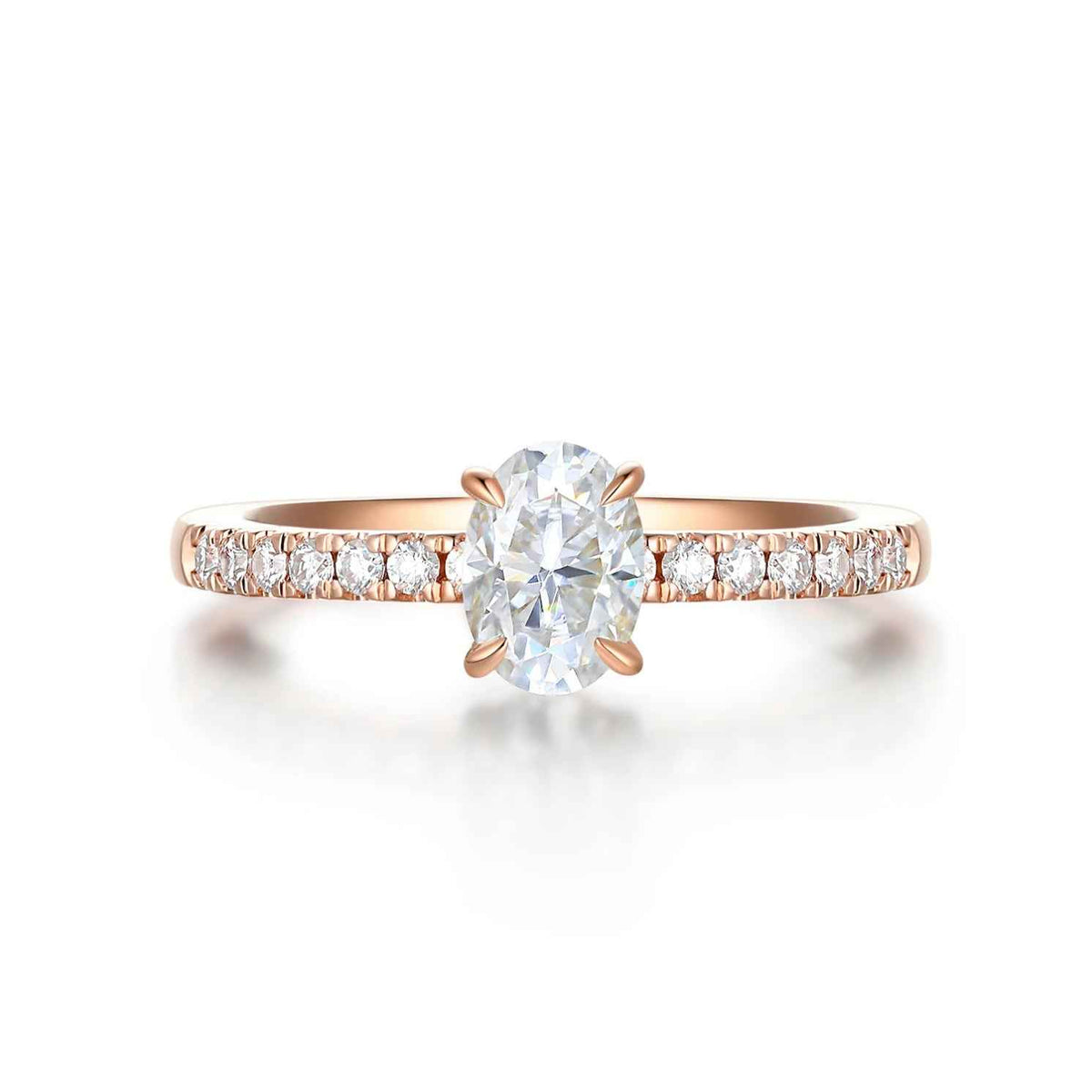 1 carat oval cut moissanite engagement ring with accent in rose gold