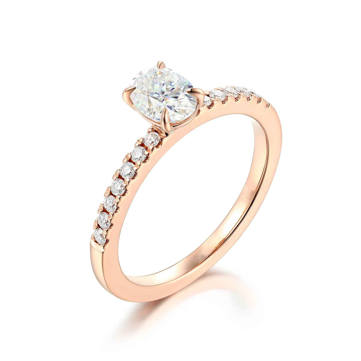 1 carat oval cut moissanite engagement ring with accent in rose gold