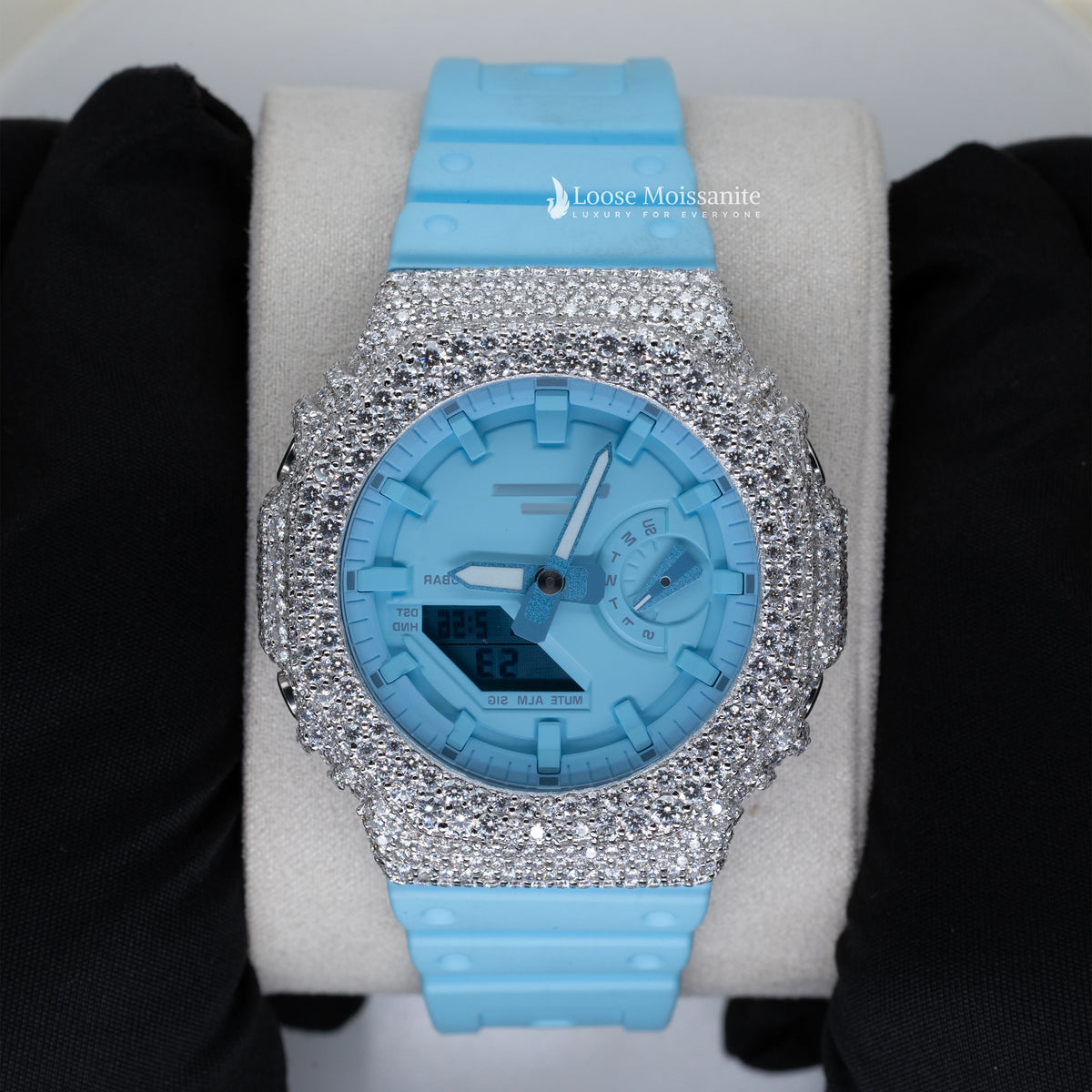 Front view of sky blue dial moissanite rubber strap iced out watch for men