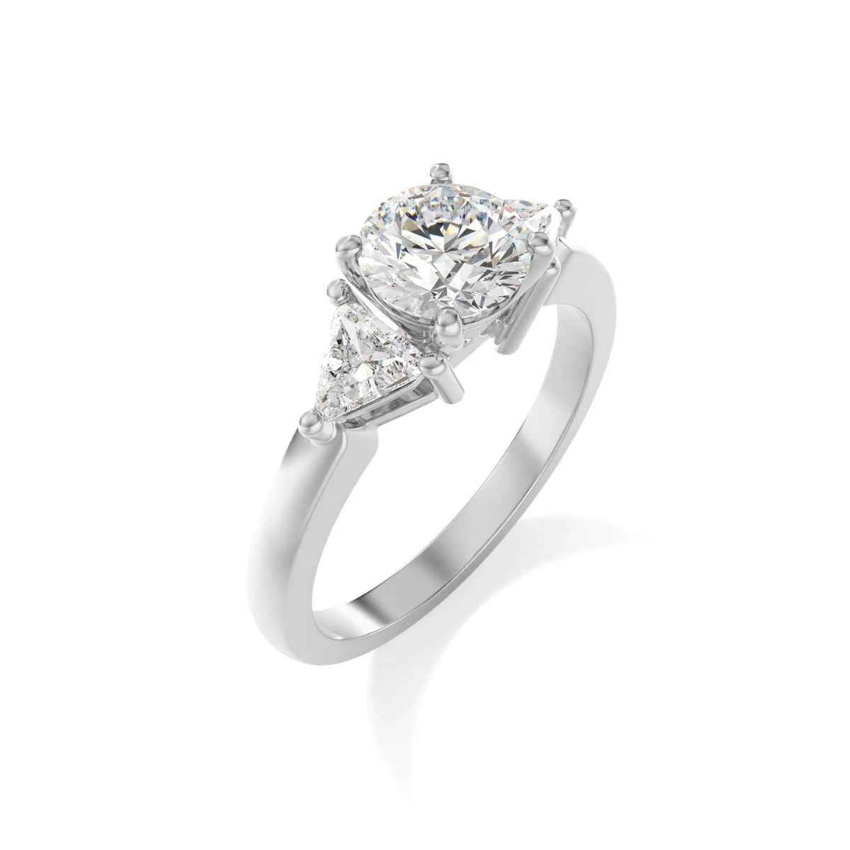 2 ct round & trillion cut moissanite three stone ring in rose gold