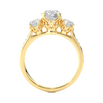 Load image into Gallery viewer, Side profile of 2.50 Carat Round Moissanite Three Stone Engagement Ring in Yellow Gold, highlighting the prong setting.