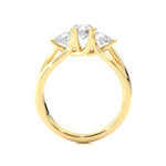Load image into Gallery viewer, Side profile of 2 Carat 3 Stone Round Cut Moissanite Ring in Yellow Gold, highlighting the prong setting.