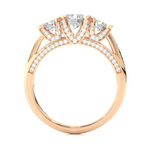 Load image into Gallery viewer, Side profile of 2 Ct Moissanite Three Stone Engagement Ring with Accent in Rose Gold, highlighting the prong setting.