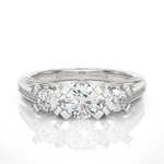 Load image into Gallery viewer, Front view of 2 Carat Moissanite Three Stone Engagement Ring with Accent in White Gold, highlighting the brilliant center moissanite stone.