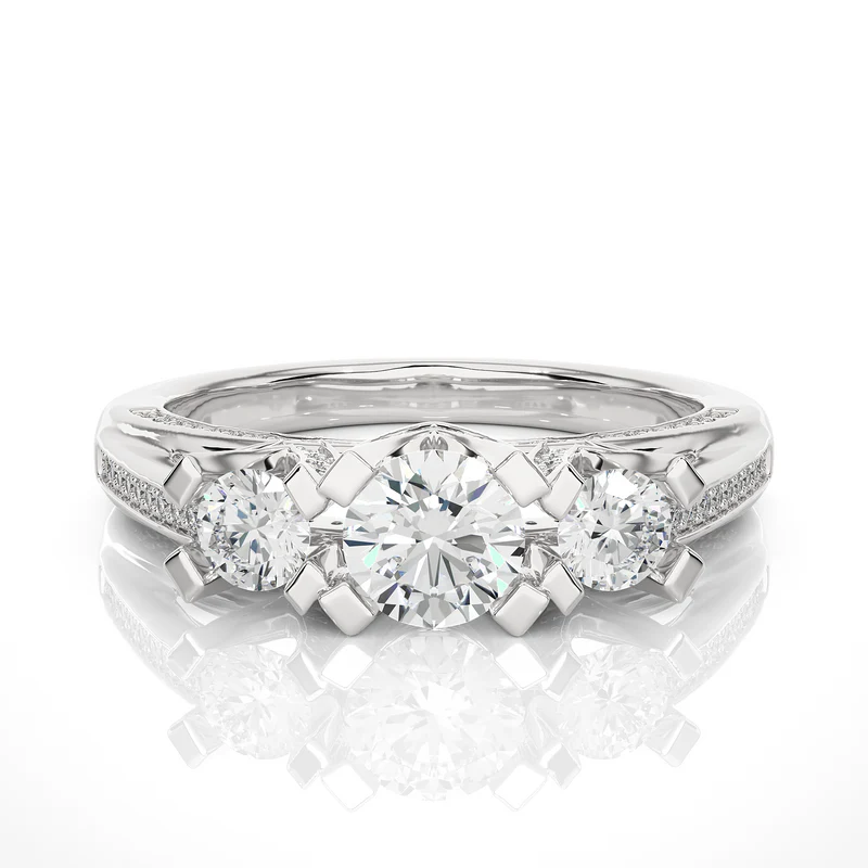Front view of 2 ct moissanite 3 stone engagement ring with accent in silver, highlighting the brilliant center moissanite stone