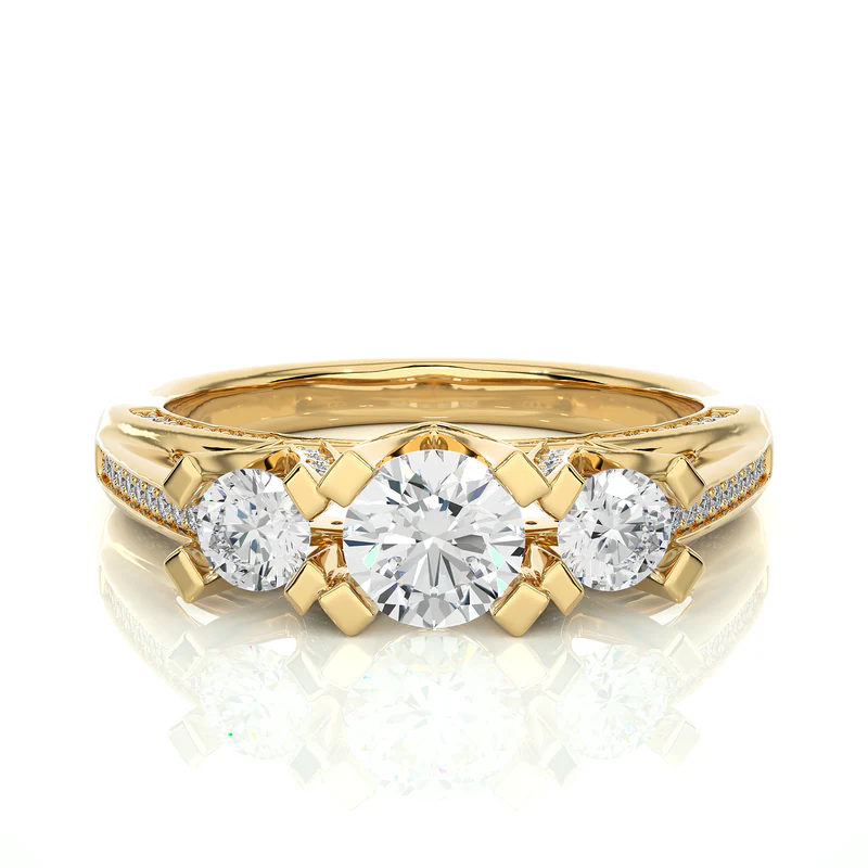 Front view of 2 ct moissanite 3 stone engagement ring with accents in yellow gold, highlighting the brilliant center moissanite stone