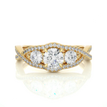Load image into Gallery viewer, Front view of 2 Carat Round Shaped Moissanite Three Stone Twisted Engagement Ring in Yellow Gold, highlighting the brilliant center Moissanite stone.