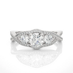 Load image into Gallery viewer, Front view of 2 Carat Round Cut Moissanite Three Stone Twisted Engagement Ring in White Gold, highlighting the brilliant center Moissanite stone.