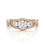 Load image into Gallery viewer, Front view of 2 Carat Round Moissanite Three Stone Twisted Engagement Ring in Rose Gold, highlighting the brilliant center Moissanite stone.
