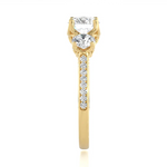 Load image into Gallery viewer, 2 Carat Round Moissanite Filigree Three Stone Engagement Ring in Yellow Gold