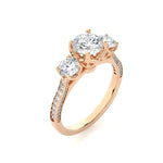 Load image into Gallery viewer, 2 Ct Round Moissanite Filigree Three Stone Engagement Ring in Rose Gold