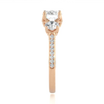Load image into Gallery viewer, 2 Ct Round Moissanite Filigree Three Stone Engagement Ring in Rose Gold