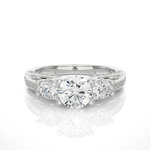 Load image into Gallery viewer, Front view of 2 Ct Moissanite Three Stone Engagement Ring With Accents in White Gold, highlighting the brilliant center moissanite stone.