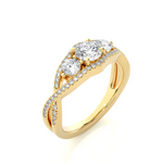 Load image into Gallery viewer, Angled view of 2 Carat Round Shaped Moissanite Three Stone Twisted Engagement Ring in Yellow Gold, showcasing the band and setting.