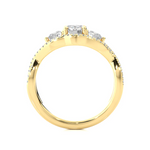 Load image into Gallery viewer, Side profile of 2 Carat Round Shaped Moissanite Three Stone Twisted Engagement Ring in Yellow Gold, highlighting the brilliant center moissanite stone., highlighting the prong setting.