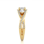 Load image into Gallery viewer, 1.50 Carat Round Shaped Moissanite Three Stone Twisted Engagement Ring in Yellow Gold