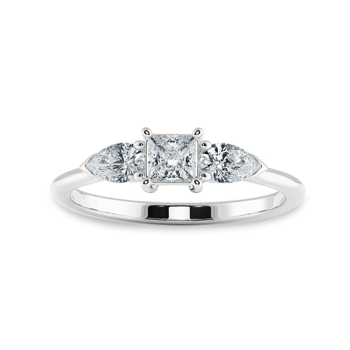 2 ct princess cut moissanite three stone engagement ring in white gold