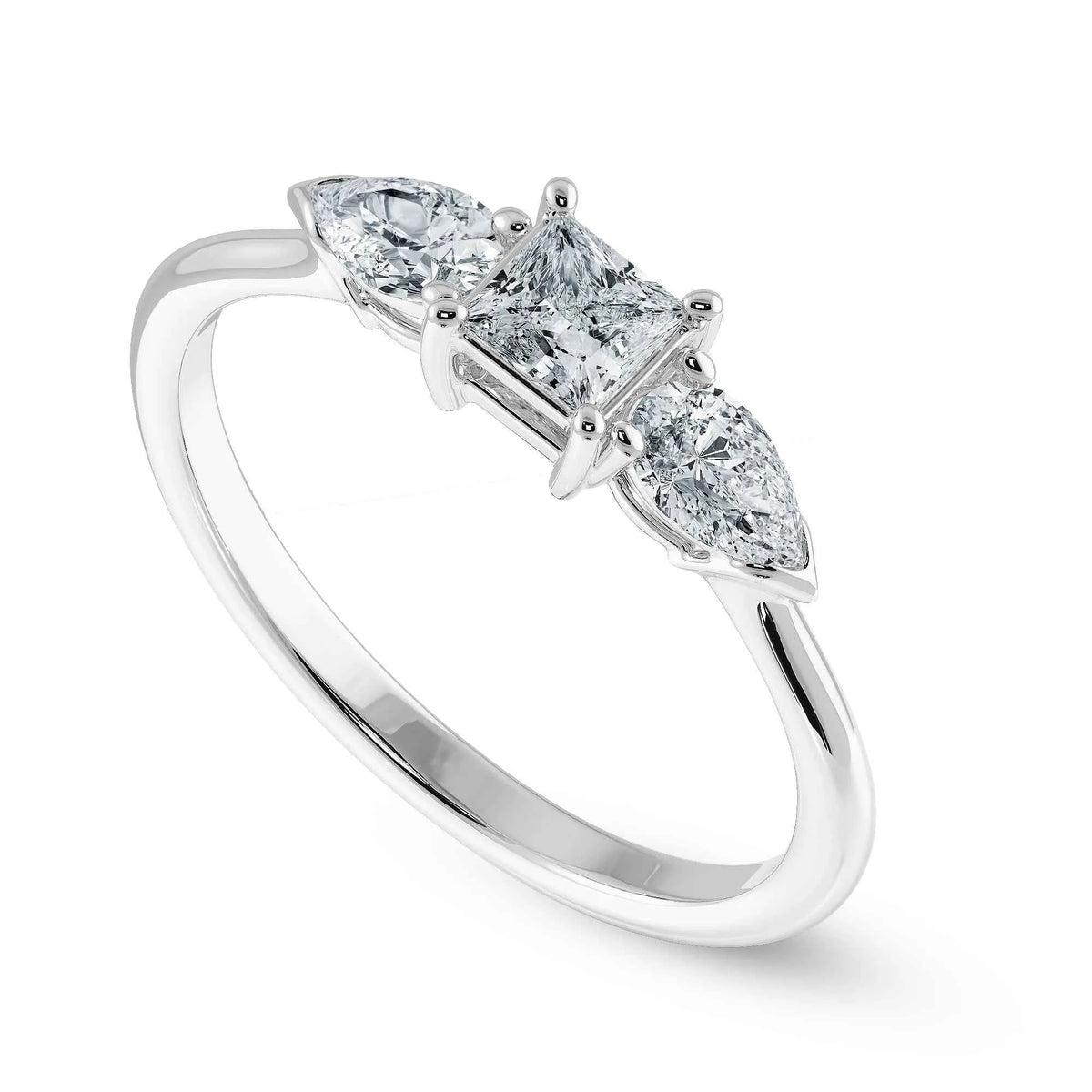 2 ct princess cut moissanite three stone engagement ring in white gold