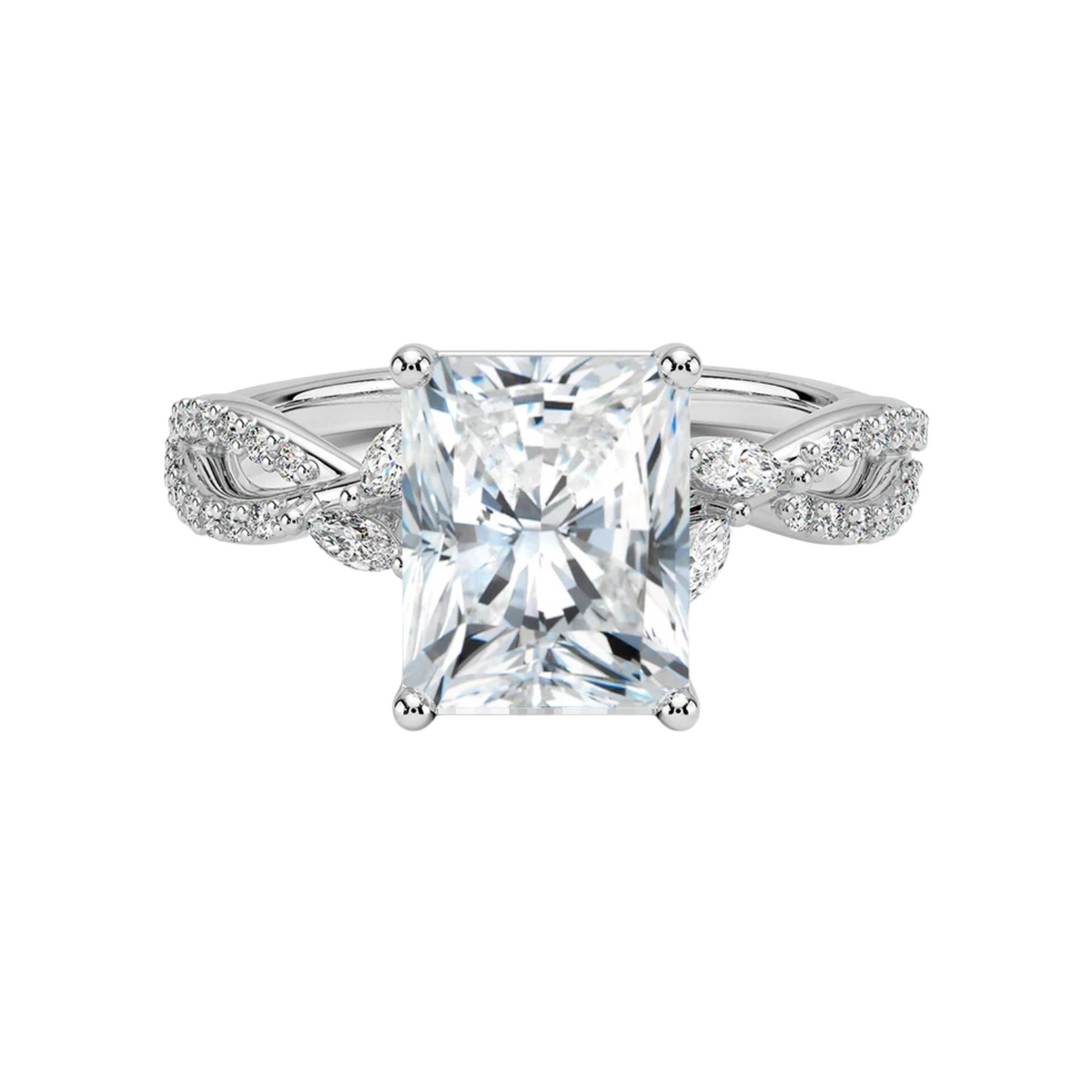 2 ct radiant cut moissanite criss cross engagement ring in white gold