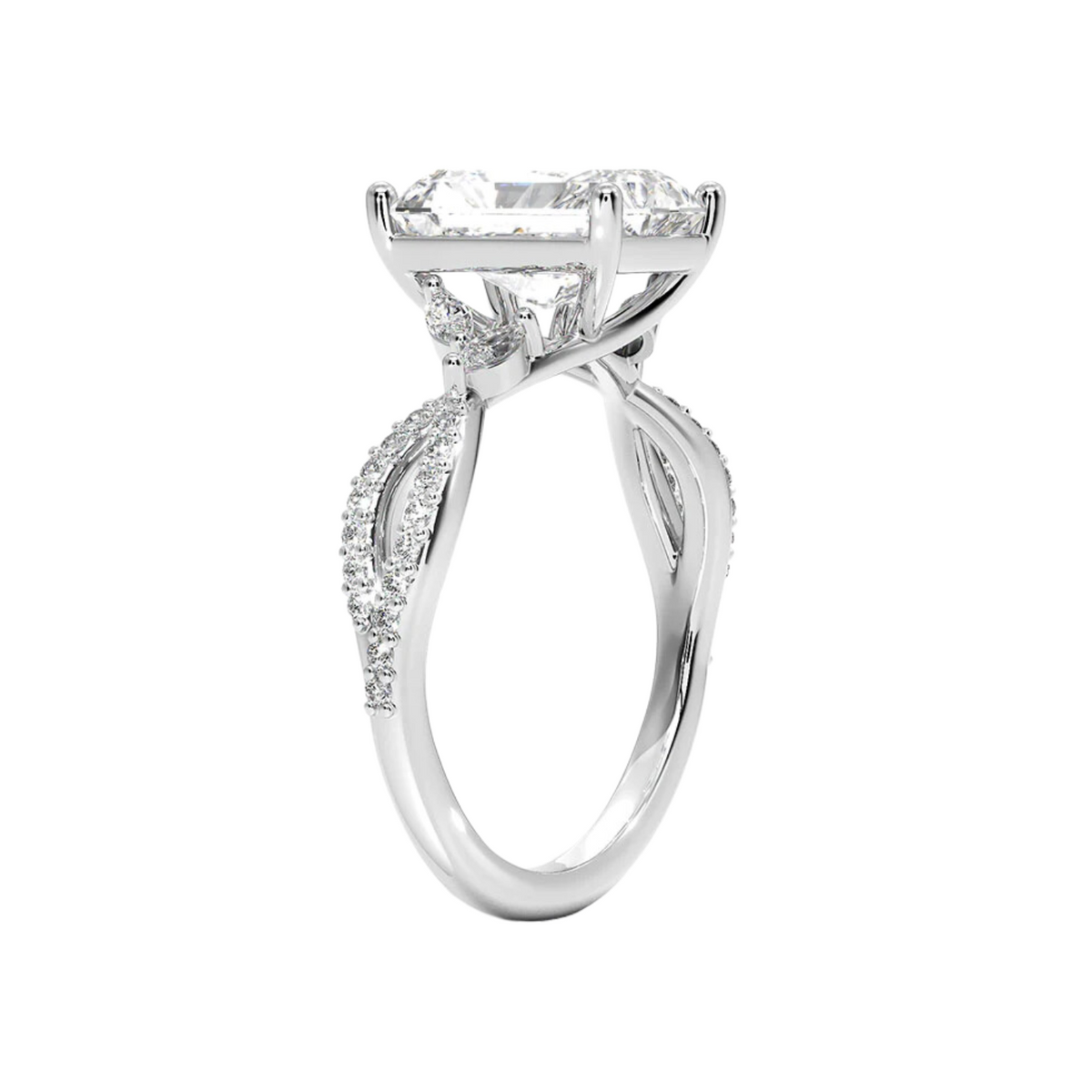 2 ct radiant cut moissanite criss cross engagement ring in white gold