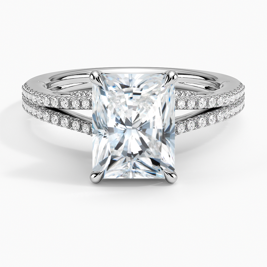 2 ct radiant cut moissanite split shank engagement ring in white gold