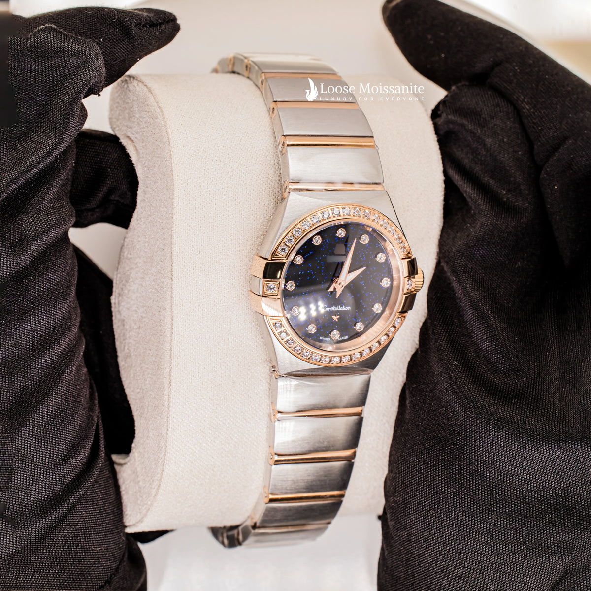 Side view of blue dial plain constellation watches for women