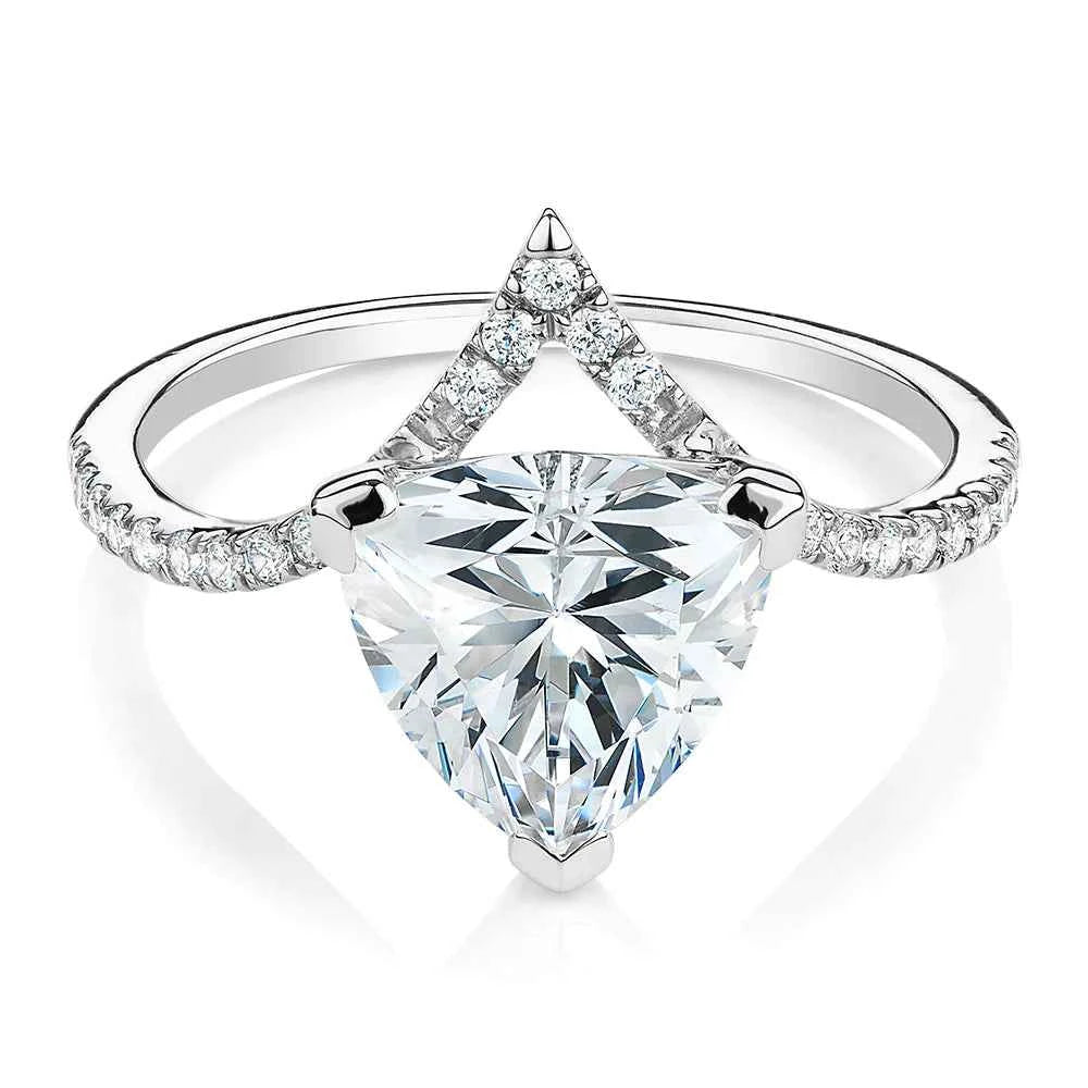 2 carat trillion shape moissanite curved engagement ring in white gold