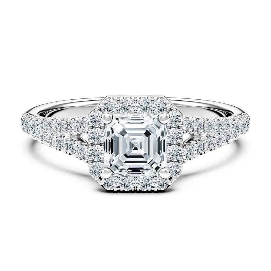 2 carat asscher cut split shank moissanite ring in white gold