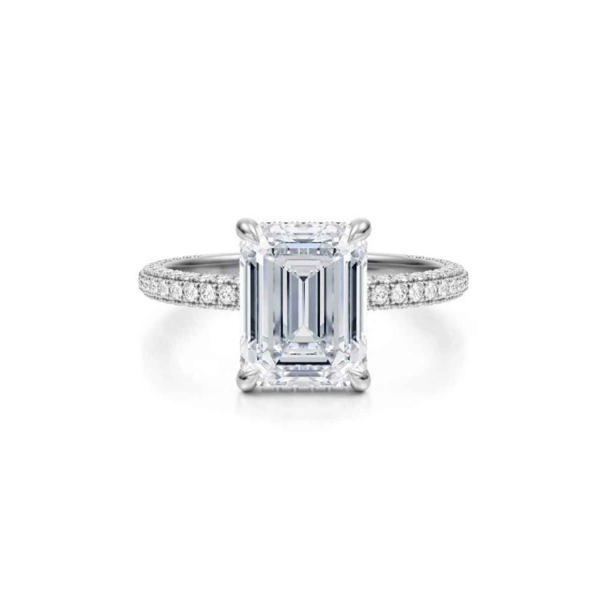 3 carat emerald cut moissanite hidden halo ring in white gold