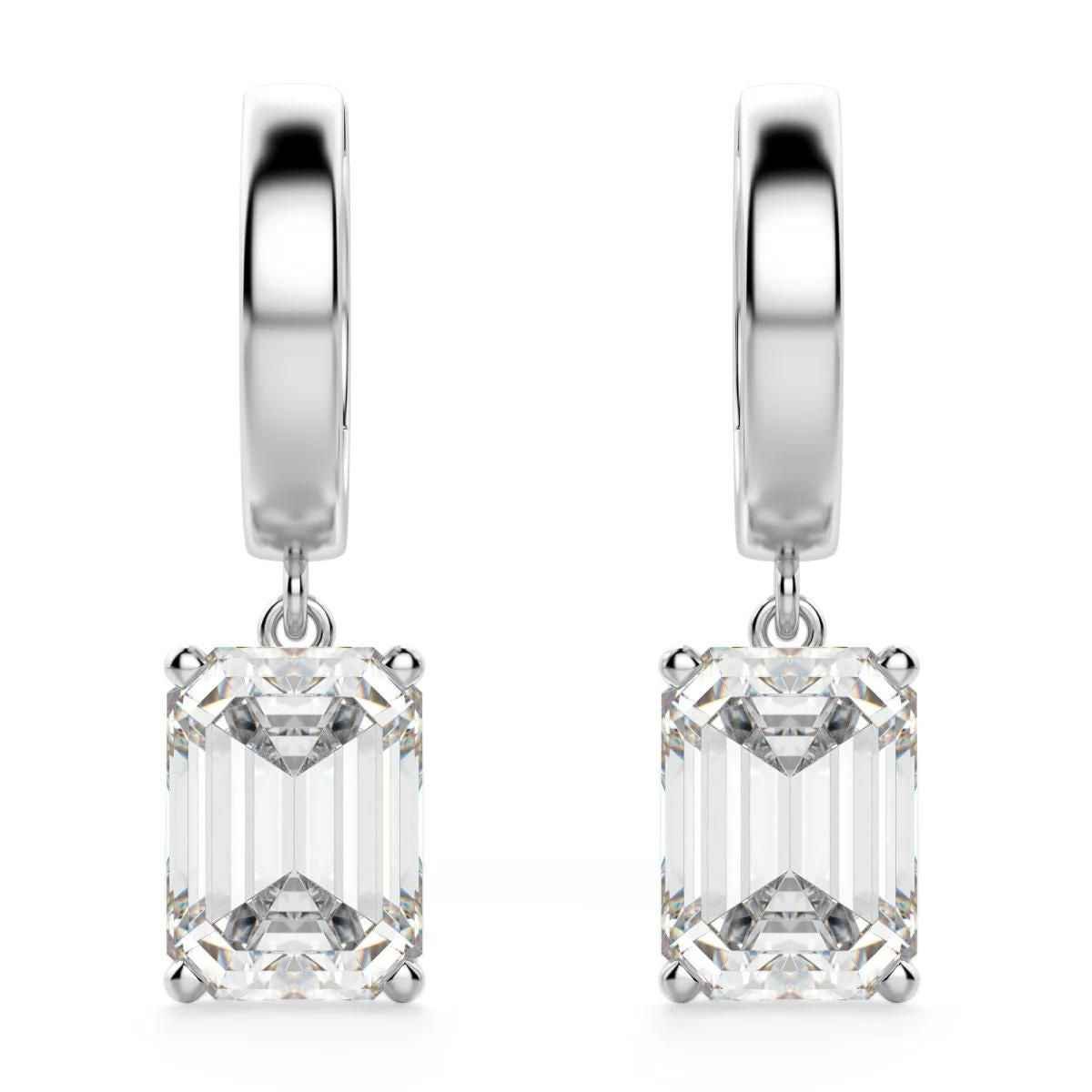 3 carat emerald shaped moissanite solitaire drop earrings in white gold