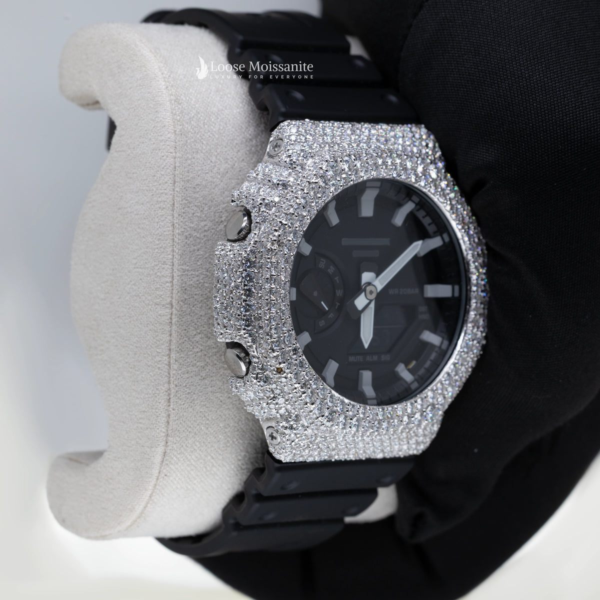 Side view of iced out moissanite bezel mens luxury watches