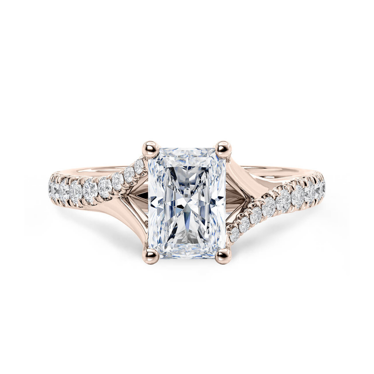 3 carat radiant cut moissanite engagement ring in rose gold