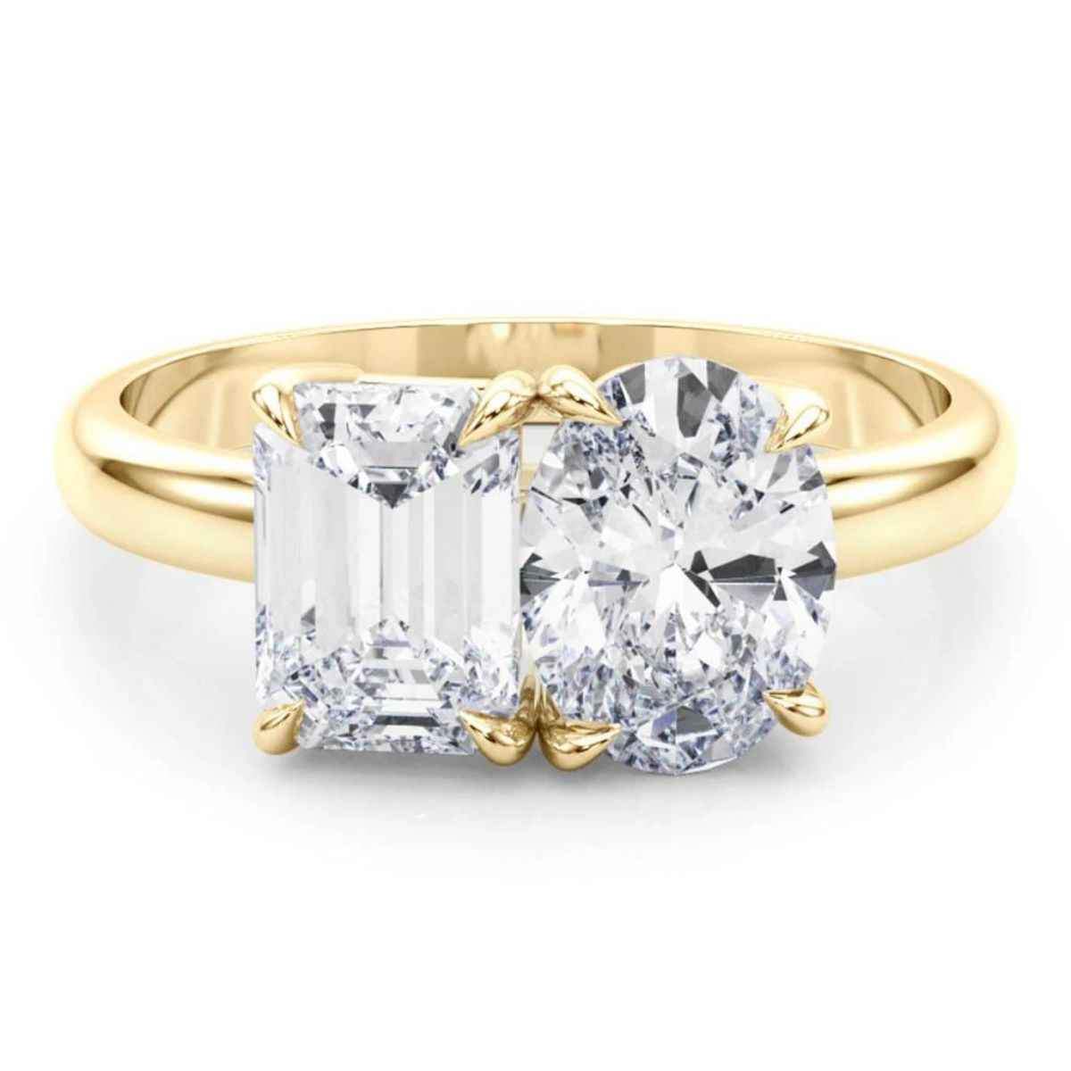 4 ct emerald & oval cut moissanite toi et moi engagement ring in yellow gold