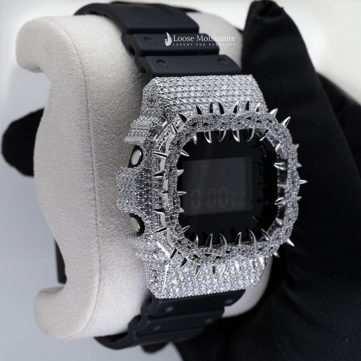 Side view of iced out moissanite black dial dw 5600 watch