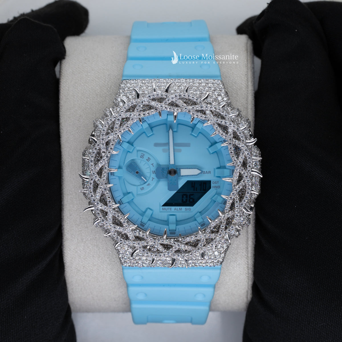 Front view of iced out moissanite men's watches with thorn crown design