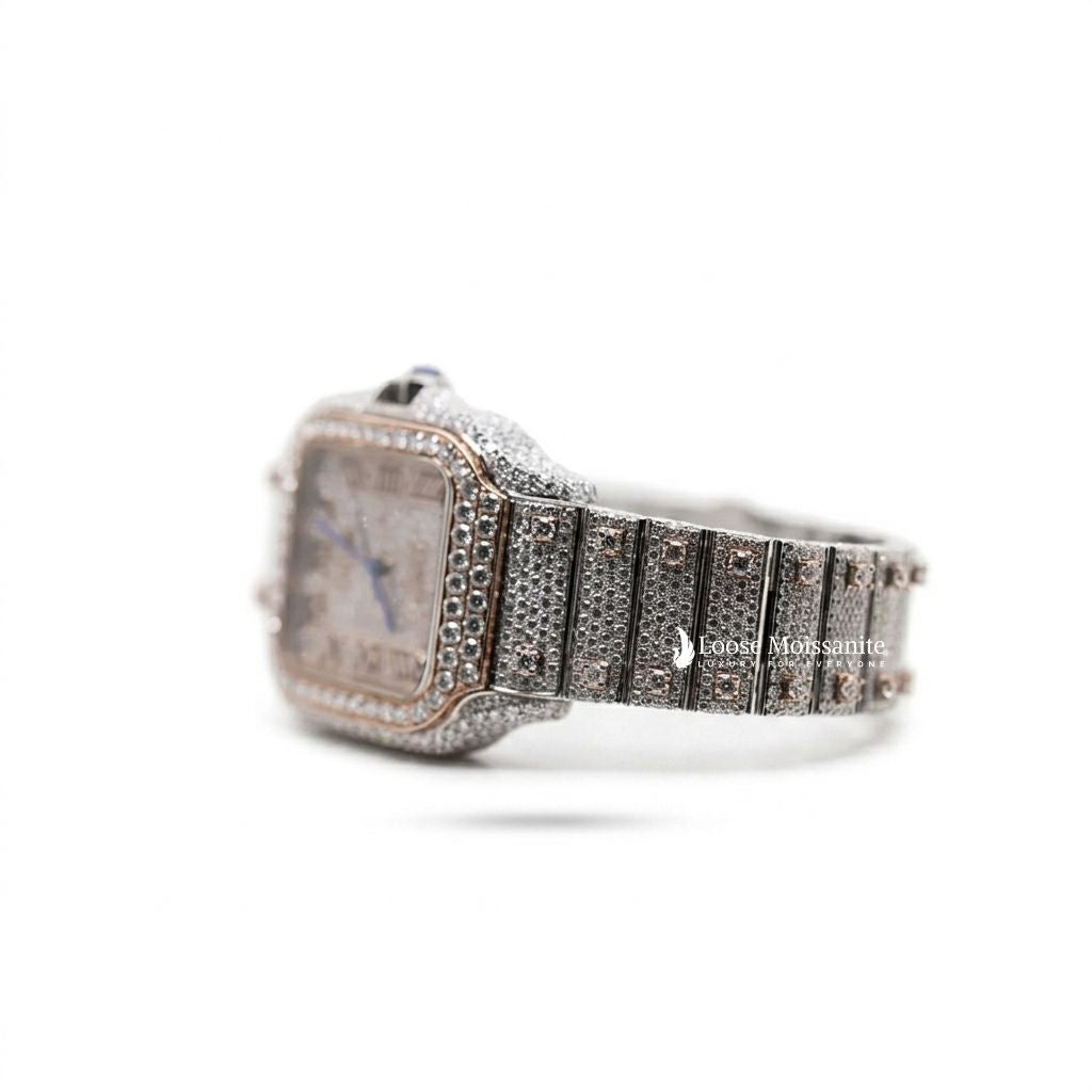 Side view of santos moissanite diamond watch