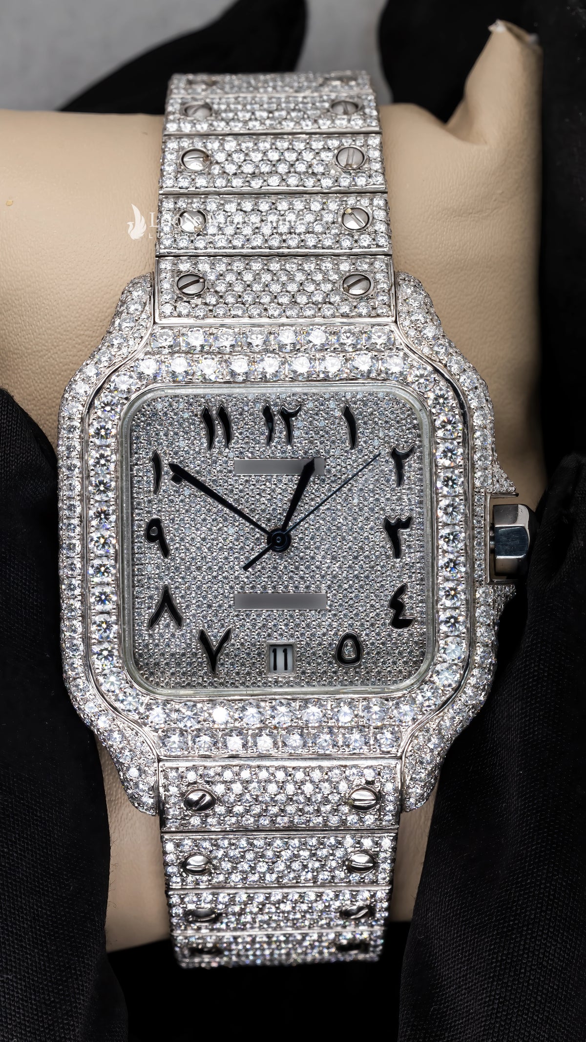 Front view of arabic dial moissanite square watch 41 mm