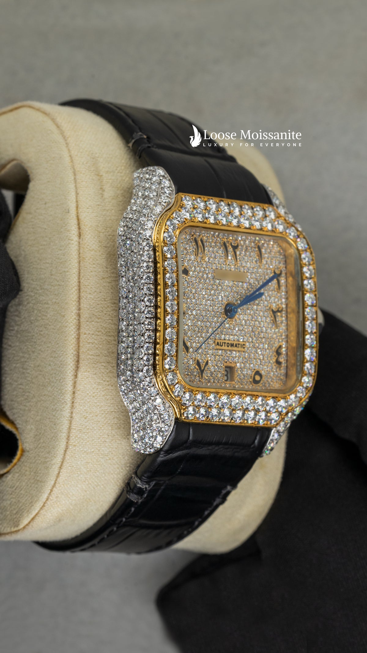 Side angle view of arabic yellow dial black leather belt moissanite watch 41 mm