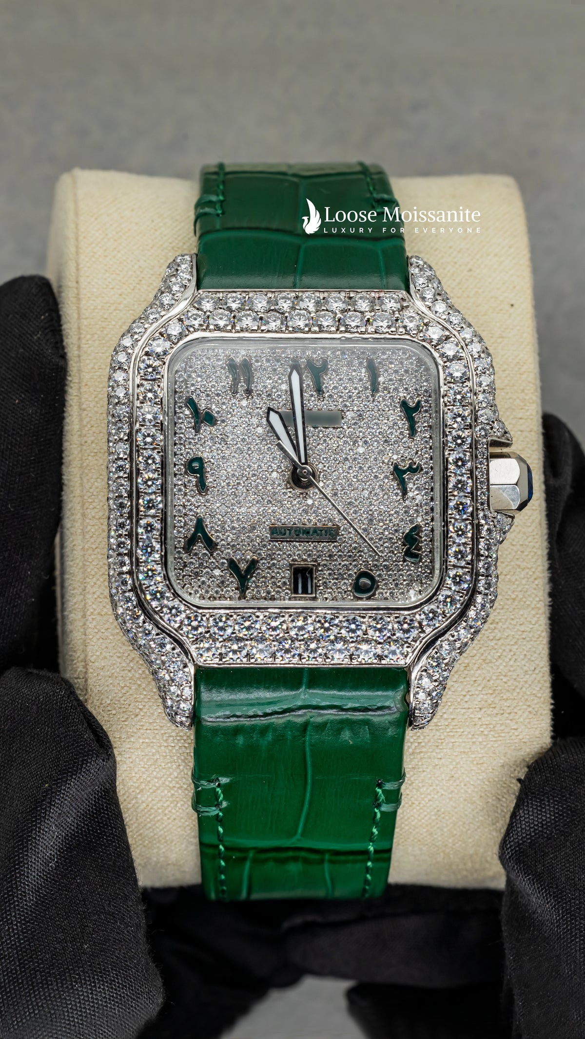 Front view of arabic white dial green leather belt moissanite watch | 41 mm